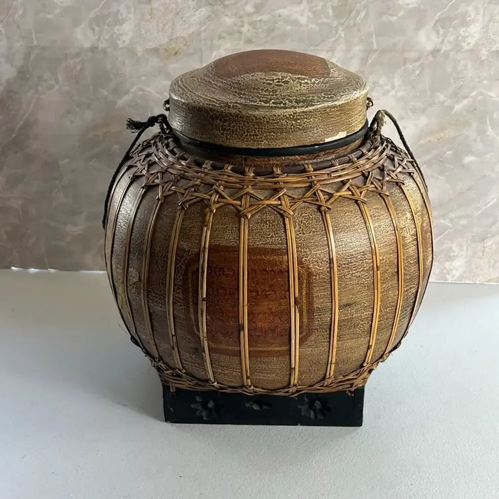 Round Oriental Asian Rice Jar Bamboo Hand Painted